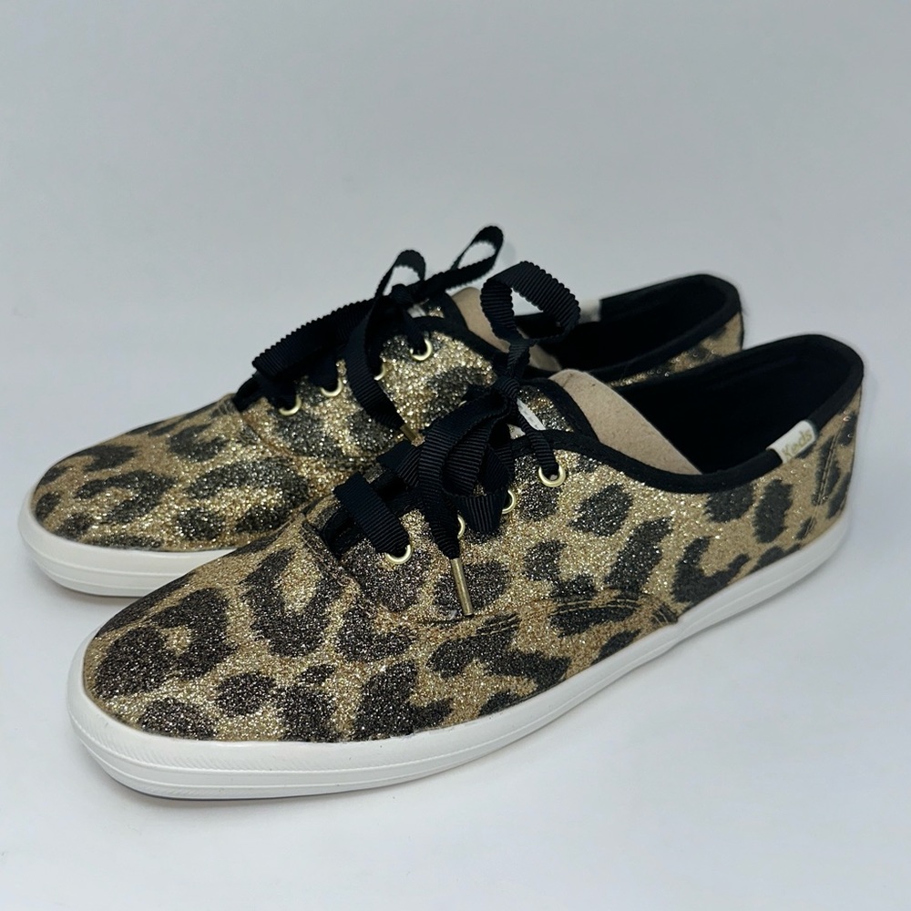 Kate Spade + Keds Animal Print Glitter Black Gold Lace Up Sneakers Size 7.5
